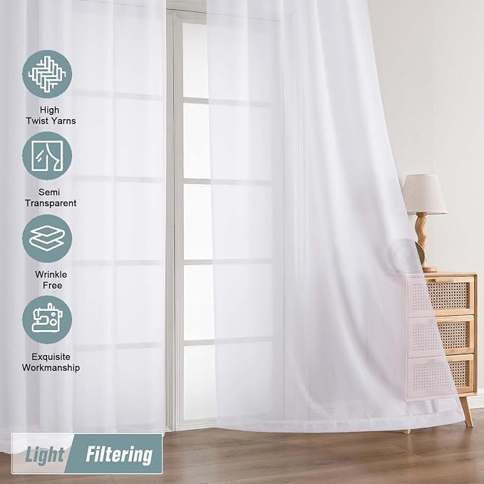 Extra Wide White Sheer Curtains 90 Inches Long 2 Panels, Light Filtering - Image 5