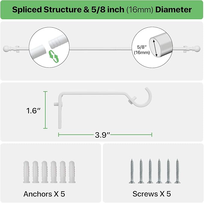 White Curtain Rods for Windows 28 to 60 inch, Adjustable Curtain Rod Set - Image 3