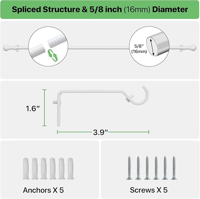 Curtain Rods for Windows 66 to 120 inch, 2 Pack White Long Curtain Rod - Image 3