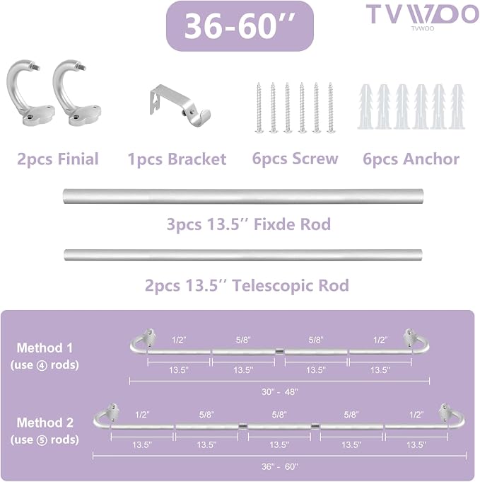 TVWOO Silver Wrap Around Curtain Rods:5/8 In Blackout Adjustable Window Curtain - Image 8
