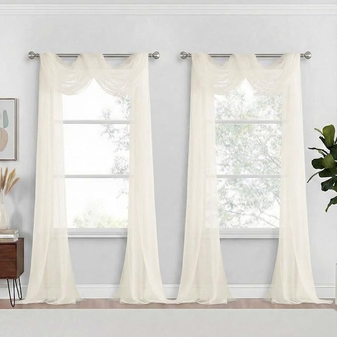 Ivory Sheer Curtains 216 Inches Long, Extra Long Light Filtering Scarf Curtains by Home