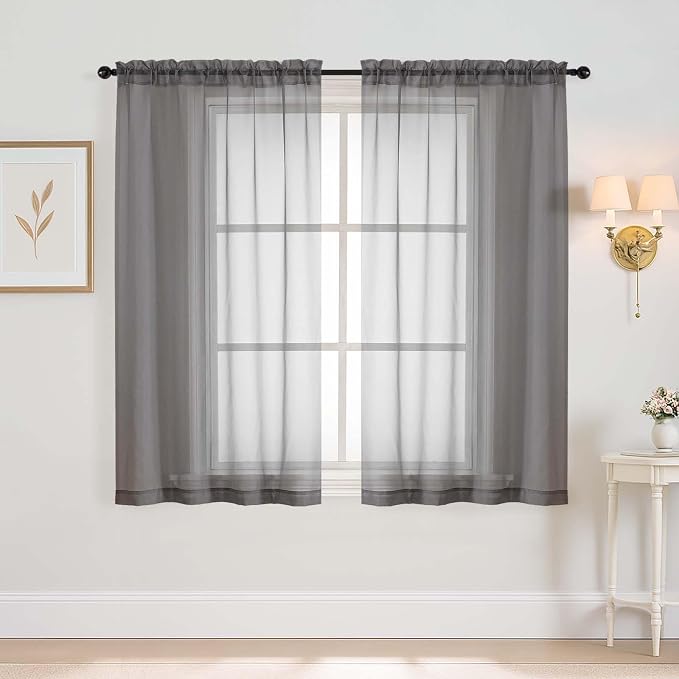 Grey Window Sheer Curtains 54 inch Length, Soft Airy Light Filtering Sheer by Home