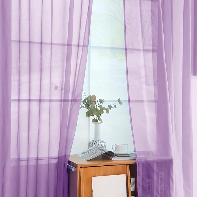 youleyar Solid Sheer Rod Pocket Curtain Voile Draperies 2 Panels White Beige - Image 4