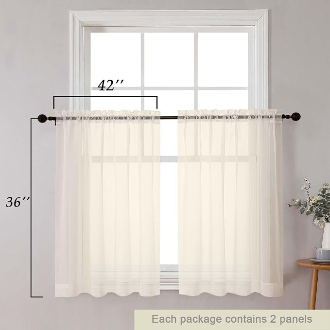 Cafe Curtains 36 Inch Length Tier 2 Pieces, Modern Soft Airy Sheer Kitchen - Image 2