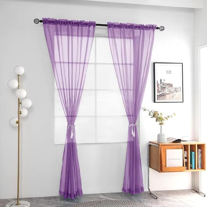 youleyar Solid Sheer Rod Pocket Curtain Voile Draperies 2 Panels White Beige - Image 2