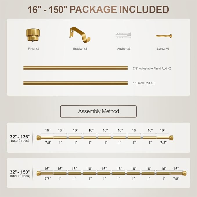 Lootkell Gold Curtain Rods for Windows 72 to 144 Adjustable Modern Curtain Rod - Image 9