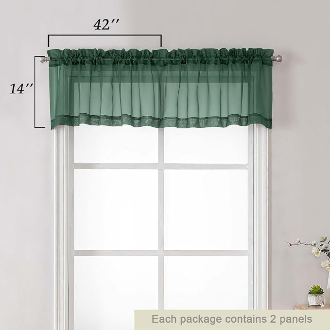 Hunter Green Valances for Windows, Sheer Curtains 14 Inch Length 2 Pack Kitchen - Image 2