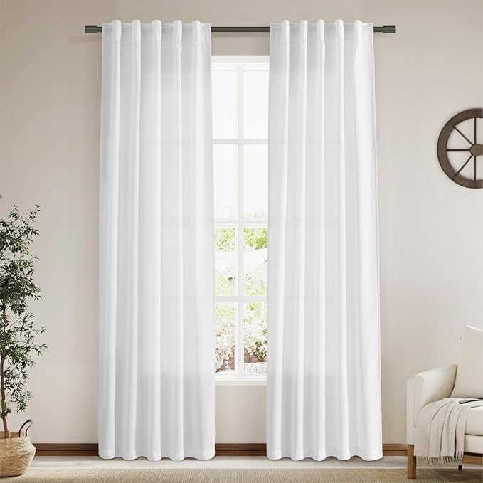 Nanspring White Linen Curtains 84 Inch Length 2 Panels Set by Nanspring