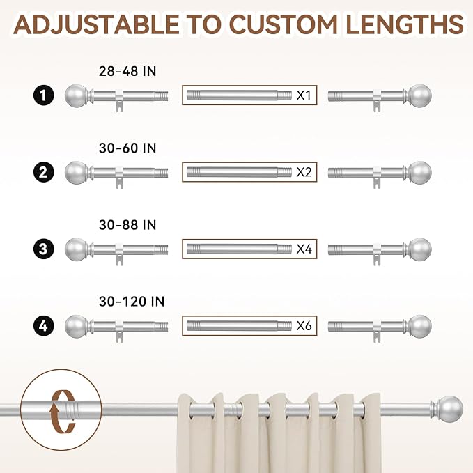 Silver Curtain Rods for Windows 30 to 60 Inch, 2 Pack 5/8 Inch Diameter - Image 5