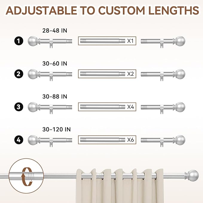 Silver Curtain Rod for Windows 48 to 84 or 88 Inch, 5/8 Inch Diameter - Image 5