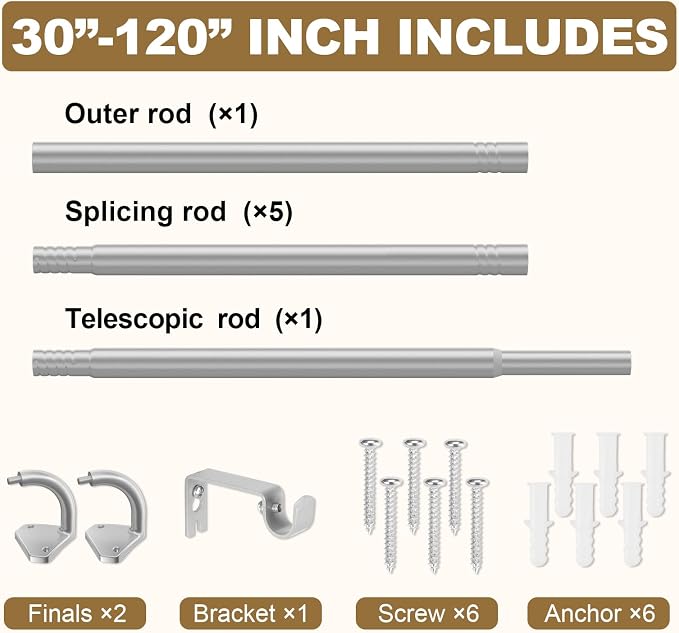 GXOACKJ Silver Curtain Rods for Windows 66 to 120 inch, 5/8 inch Adjustable - Image 5