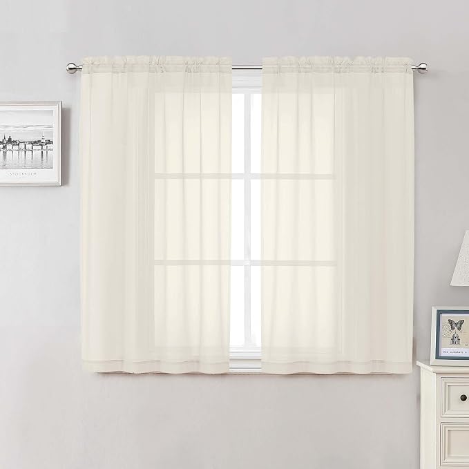 Lecloud Cream Sheer Curtains 48 Inch Length 2 Pcs, Rod Pocket Light Filtering by Lecloud