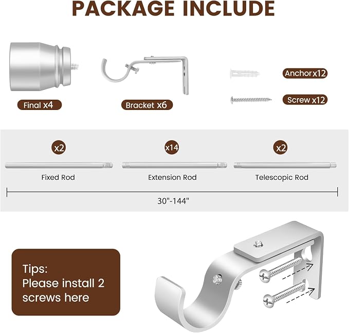 Hradecti Silver Curtain Rod 30-144 inch 2 Pack, Fit 30 to 142, 66 to 120 inch - Image 2