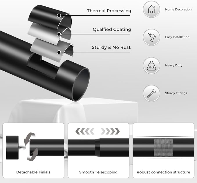 VOIIY 2 Pack Curtain Rods for Windows 48 to 84 Inch, Modern Adjustable Heavy - Image 7