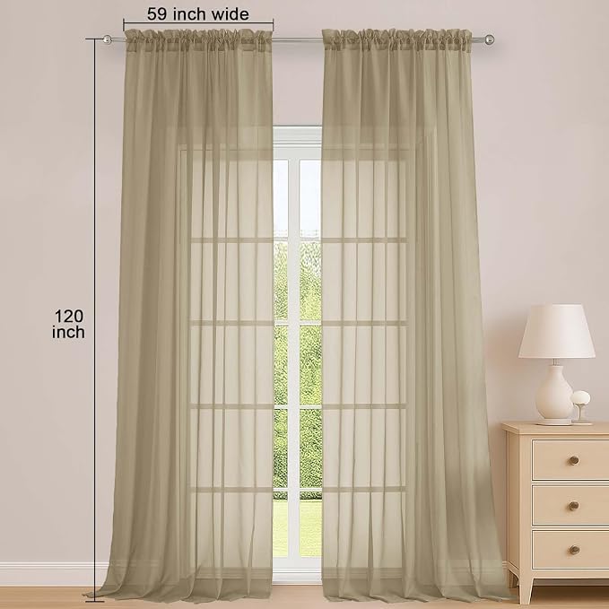 OWENIE Taupe Sheer Curtains 120 Inches Long 2 Panels Set, Airy Lightweight - Image 2