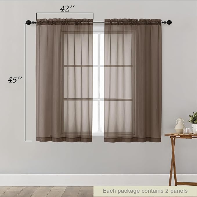 Chocolate Sheer Curtains for Bedroom Living Room 45 Inch Length 2 Panels - Image 2