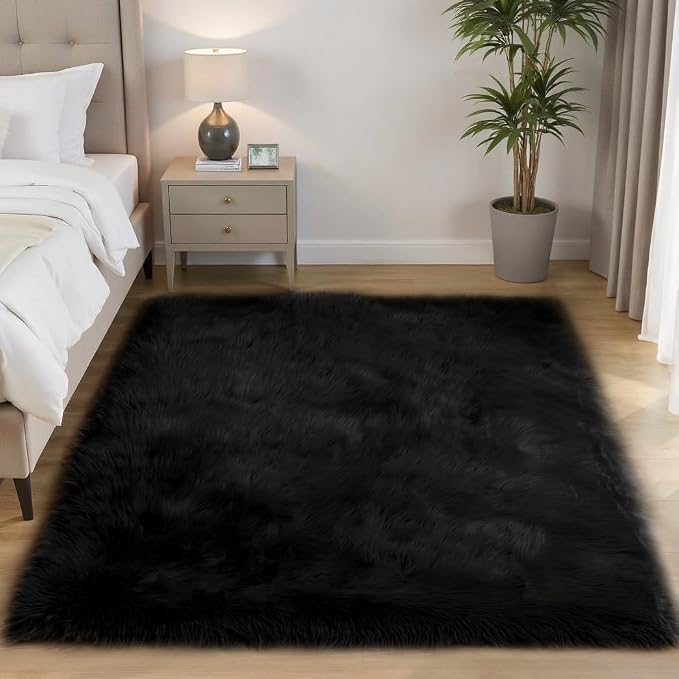 Goolela Black Faux Sheepskin Fur Rug 5x8 - Image 2