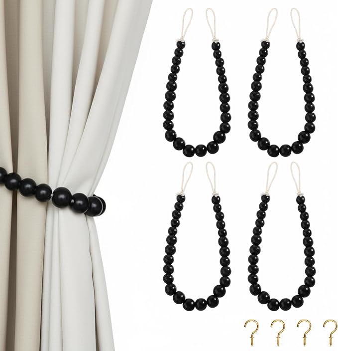 Hion 4 Pcs Boho Curtain Tiebacks, Wood Beads Curtain Holdbacks, Outdoor by Hion