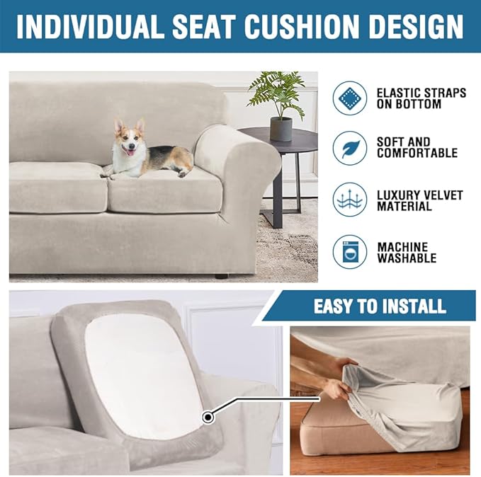 H.VERSAILTEX High Stretch Sofa Slipcover 4 Piece Cover Velvet Furniture - Image 7