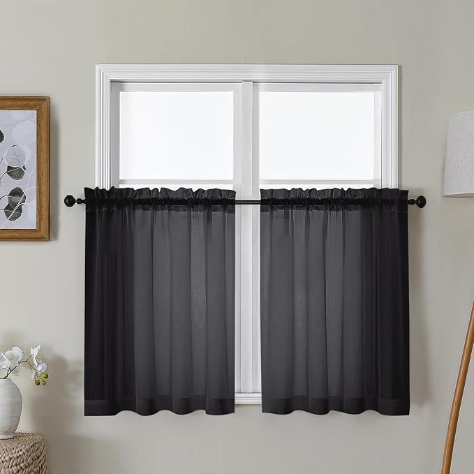 Gwine Black Sheer Curtains 30 Inch Length, Short Light Filtering Voile Small by Gwine