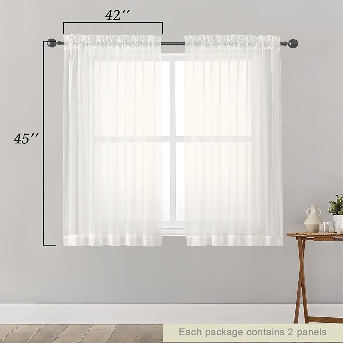 Ivory Sheer Curtains for Bedroom Living Room 45 Inch Length 2 Panels, Soft Airy - Image 2