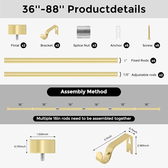 VOIIY Gold Curtain Rods for Windows, Size:36-88 Inch - Image 8
