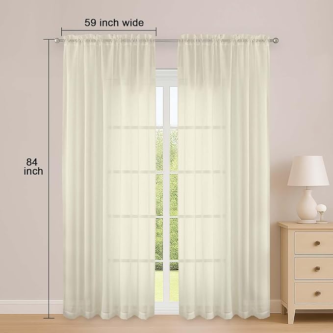 OWENIE Sheer Curtains 84 Inches Long 2 Panels Set, Sheer Cream Curtains - Image 2
