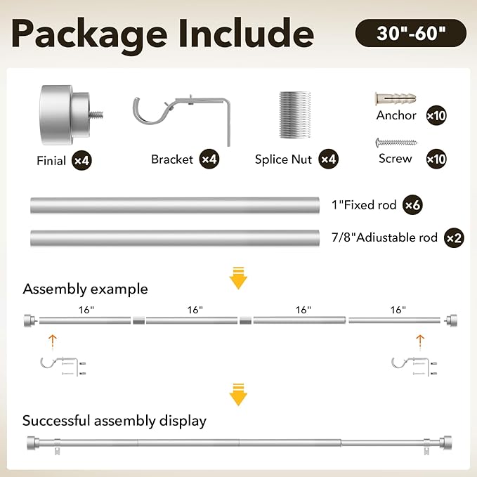 IFELS Heavy Duty Curtain Rods for Windows 28 to 48 Inch, 1 Inch Silver Curtain - Image 6