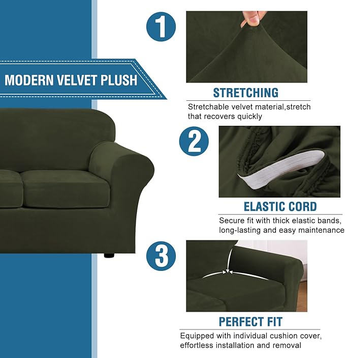 H.VERSAILTEX Modern Velvet Plush 4 Piece High Stretch Sofa Slipcover Sofa Cover - Image 3