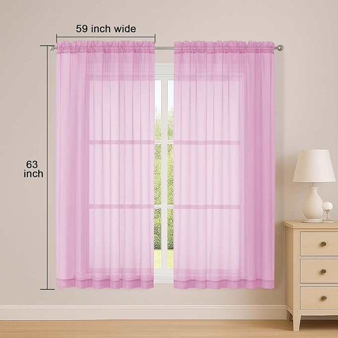 OWENIE Sheer Pink Curtains, Sheer Curtains 63 inch Length 2 Panels Set - Image 3