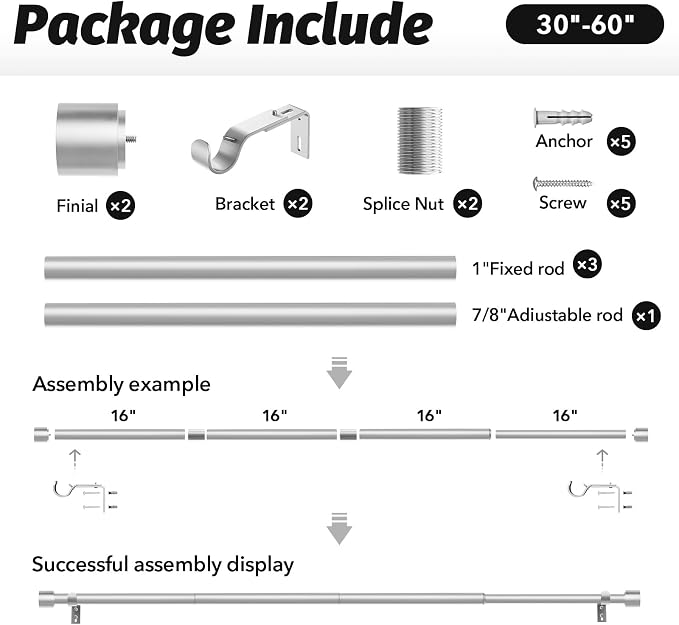 GEEBOBO Silver Curtain Rods for Windows 28 to 48 Inch, 1 Inch Adjustable Heavy - Image 6