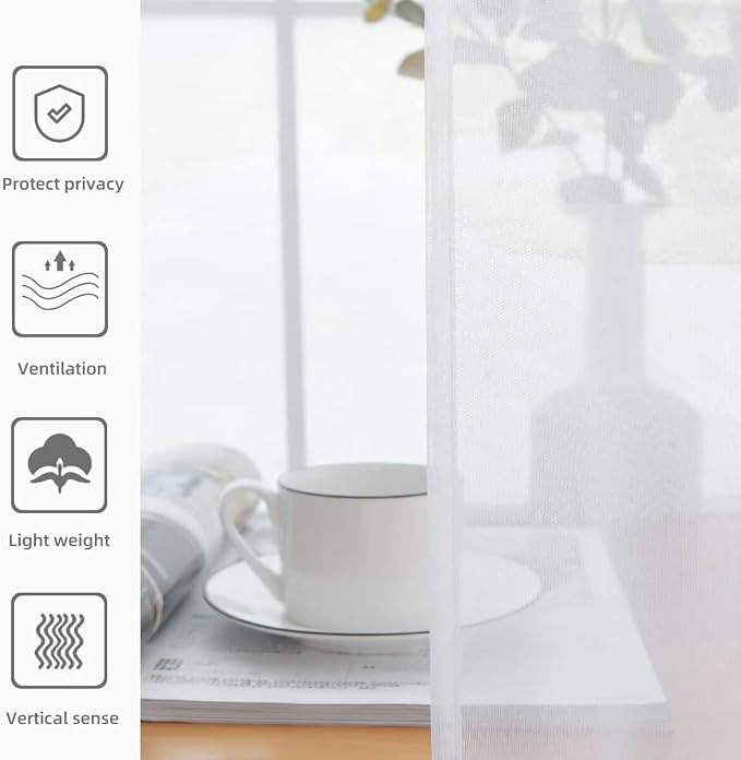 youleyar Solid Sheer Rod Pocket Curtain Voile Draperies 4 Panels White Beige - Image 5