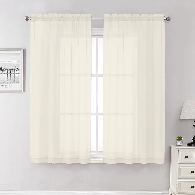 Lecloud Cream Sheer Curtains 63 Inch Length 2 Panels Set, Elegant Voile Window by Lecloud