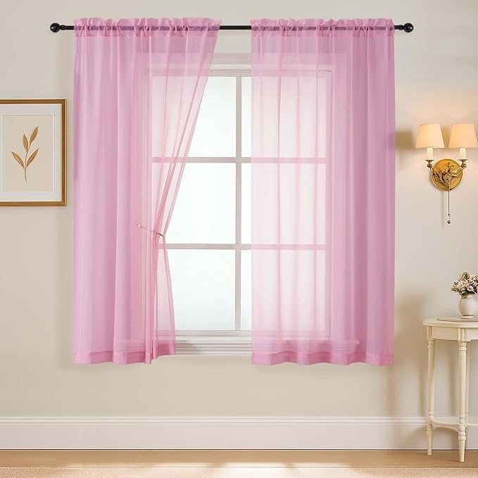 Light Pink Sheer Curtains 63 Inch Length 2 Panels, Voile Sheer Curtain by Home