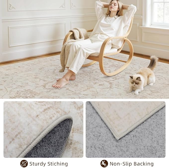 8x10 Area Rugs Living Room: Bedroom Washable Carpet Warm Beige | Vintage Boho - Image 4