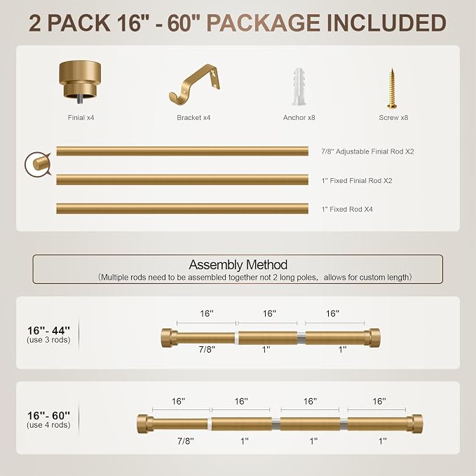 Lootkell 2 Pack Modern Gold Curtain Rods Set - Image 8