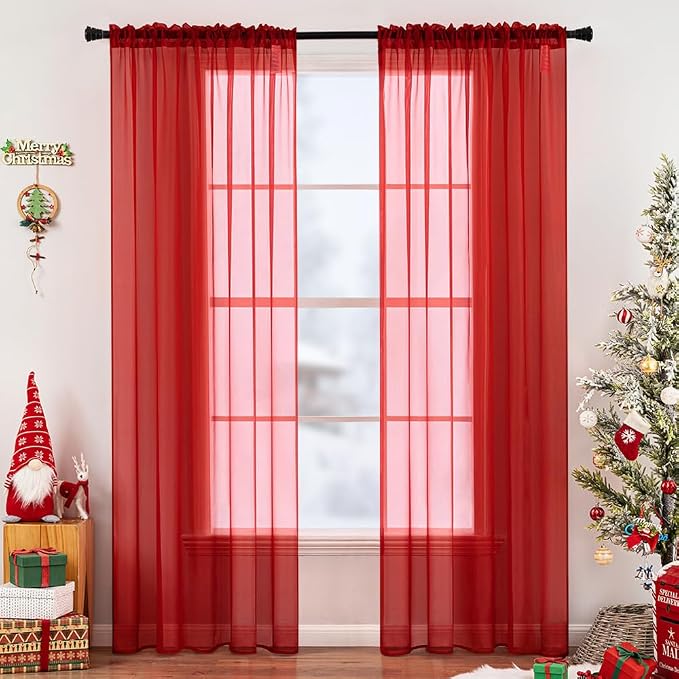 MIULEE 2 Panels Red Solid Color Sheer Christmas Window Curtains Elegant Window by MIULEE