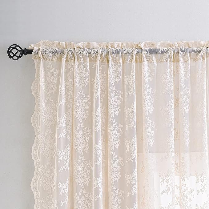 YJ YANJUN Vintage Lace Curtains 96 Inches Long-Victorian Floral Pattern Dusty - Image 2