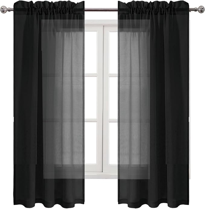 DWCN Black Sheer Curtains Semi Transparent Voile Rod Pocket Curtains - Image 9