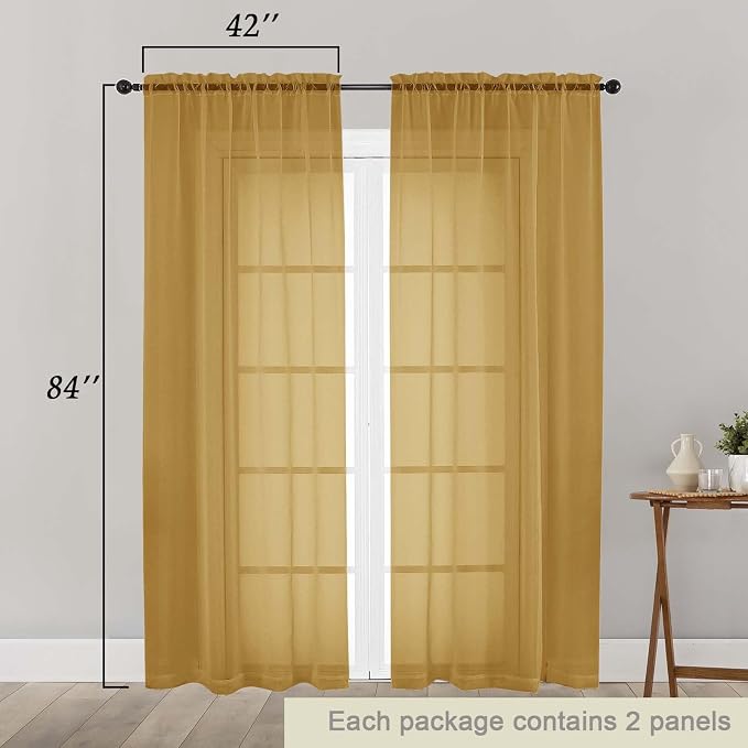 Gold Sheer Curtains 84 Inches Long 2 Panels, Soft Airy Light Filtering Curtains - Image 2