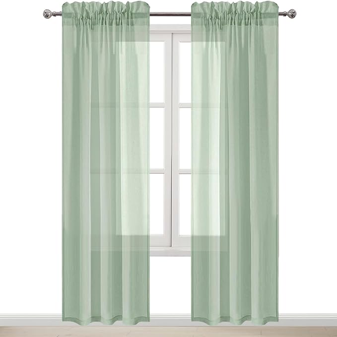 DWCN Bean Green Sheer Curtains Semi Transparent Voile Rod Pocket Curtains - Image 9