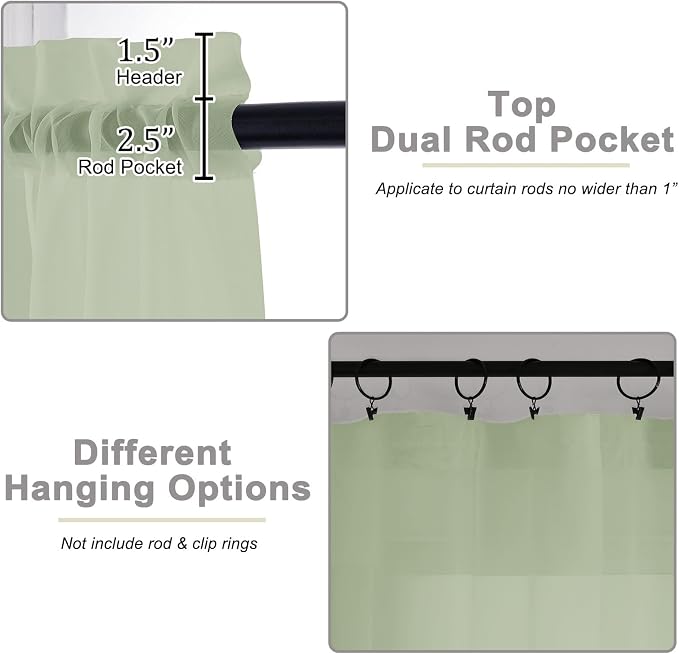 Light Green Sheer Curtains 63 Inch Length 2 Panels Set - Image 4