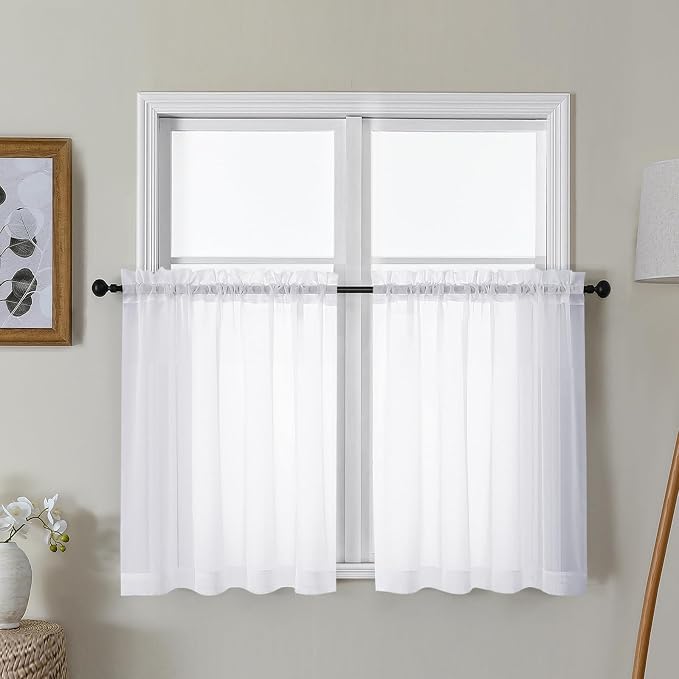 Gwine White Sheer Curtains 30 Inch Length, Short Light Filtering Voile Small by Gwine