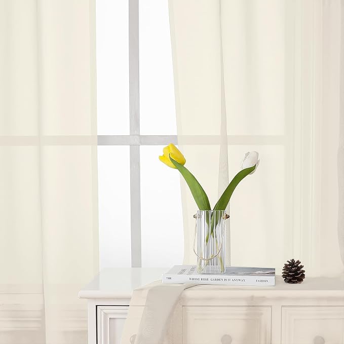 Lecloud Cream Sheer Curtains 50 Inch Length 2 Pcs, Rod Pocket Light Filtering - Image 4