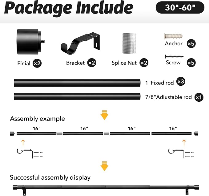 GEEBOBO Black Curtain Rods for Windows 28 to 48 Inch, 1 Inch Adjustable Heavy - Image 6