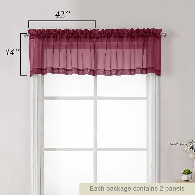 Burgundy Valances for Windows, Burgundy Sheer Curtains 14 Inch Length 2 Pack - Image 3