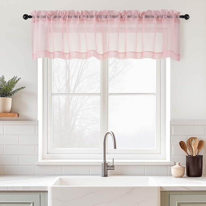 Blush Pink Valances for Windows 14 inch Length 2 Panels, Small Voile Sheer by Home