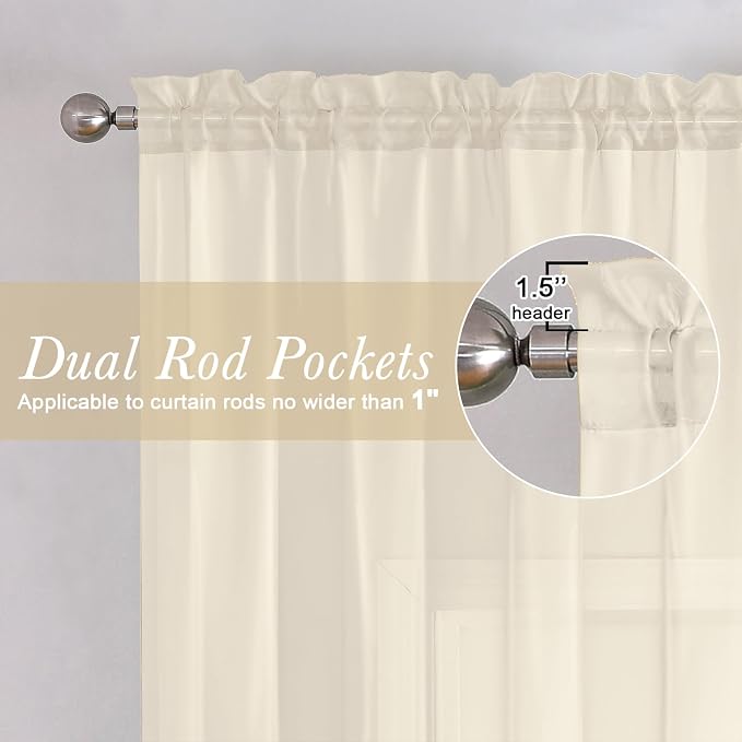 Lecloud Cream Sheer Curtains 48 Inch Length 2 Pcs, Rod Pocket Light Filtering - Image 3