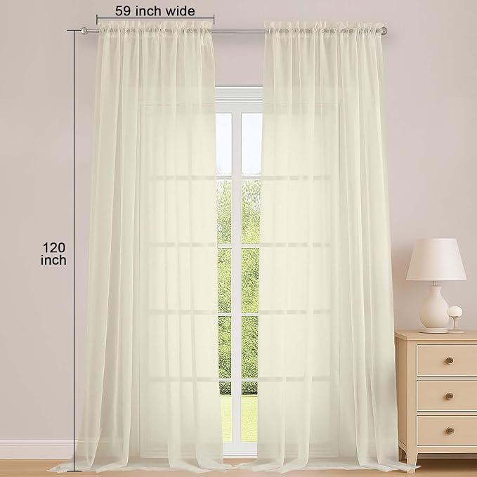 OWENIE Cream Sheer Curtains 120 Inches Long 2 Panels Set, Airy Lightweight - Image 2