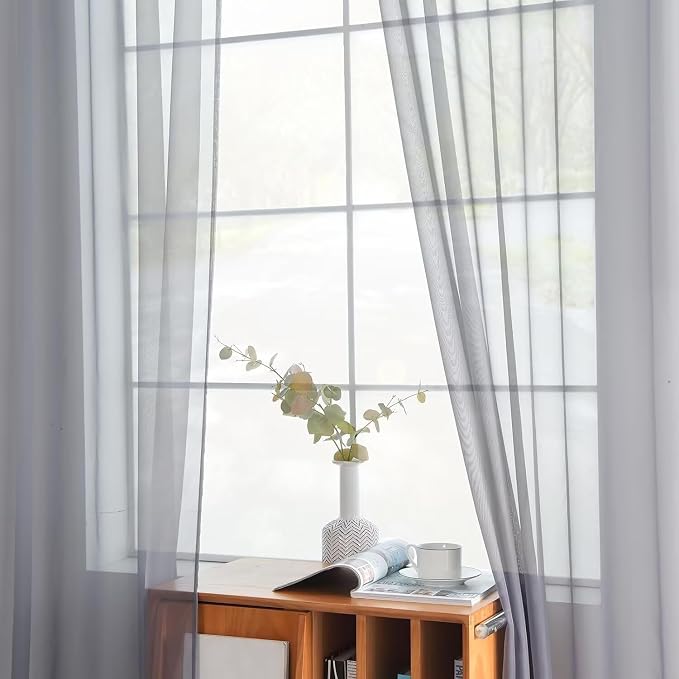 youleyar Solid Sheer Rod Pocket Curtain Voile Draperies 2 Panels White Beige - Image 2